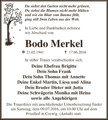 Traueranzeige von Bodo Merkel von WVG - Wochenspiegel Dessau / Köthen
