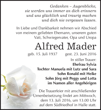 Traueranzeige von Alfred Mader von Mitteldeutsche Zeitung Köthen