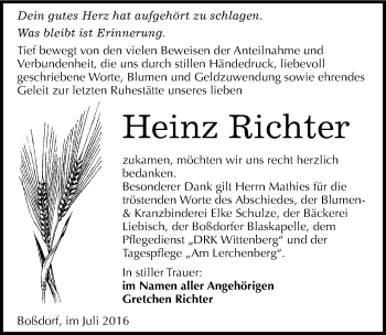 Traueranzeige von Heinz Richter von Mitteldeutsche Zeitung Wittenberg