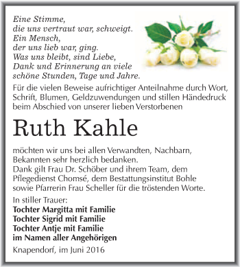 Traueranzeige von Ruth Kahle von WVG - Wochenspiegel Merseburg