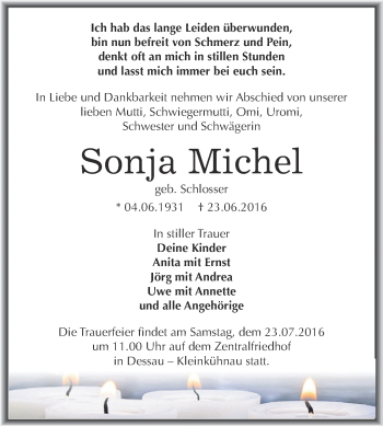 Traueranzeige von Sonja Michel von WVG - Wochenspiegel Dessau / Köthen