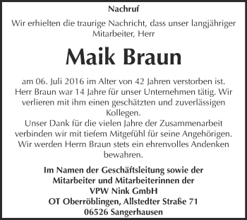 Traueranzeige von Maik Braun von Super Sonntag SGH Mansf. Land