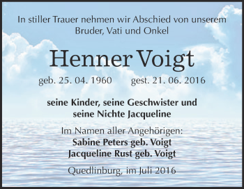 Traueranzeige von Henner Voigt von Super Sonntag Quedlinburg