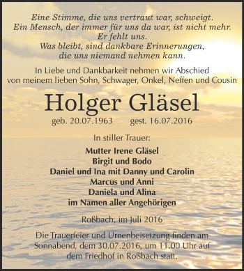 Traueranzeige von Holger Gläsel von WVG - Wochenspiegel Merseburg