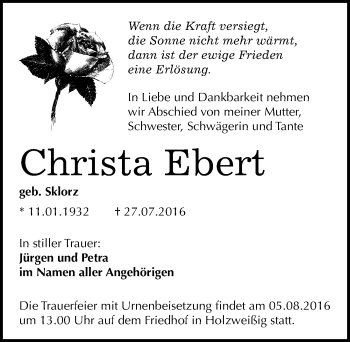 Traueranzeige von Christa Ebert von Mitteldeutsche Zeitung Bitterfeld