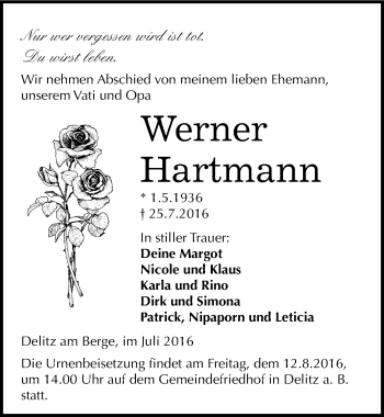 Traueranzeige von Werner Hartmann von Mitteldeutsche Zeitung Merseburg/Querfurt