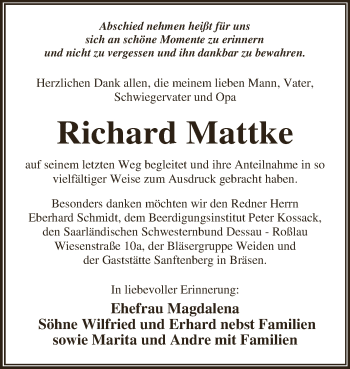 Traueranzeige von Richard Mattke von WVG - Wochenspiegel Dessau / Köthen