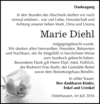 Traueranzeige von Marie Diehl von Mitteldeutsche Zeitung Mansfelder Land