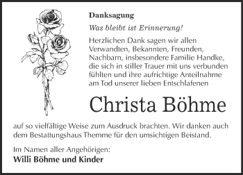 Traueranzeige von Christa Böhme von WVG - Wochenspiegel Bitterfeld