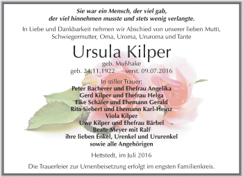 Traueranzeige von Ursula Kilper von Wochenspiegel Mansfelder Land