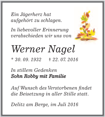 Traueranzeige von Werner Nagel von WVG - Wochenspiegel Merseburg