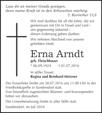 Traueranzeige von Erna Arndt von WVG - Wochenspiegel Bitterfeld