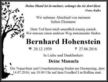 Traueranzeige von Bernhard Hohenstein von Mitteldeutsche Zeitung Dessau-Roßlau
