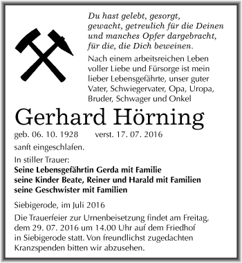 Traueranzeige von Gerhard Hörning von Mitteldeutsche Zeitung Mansfelder Land