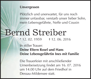 Traueranzeige von Bernd Streiber von Mitteldeutsche Zeitung Dessau-Roßlau