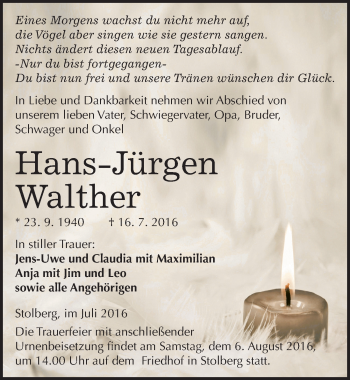 Traueranzeige von Hans-Jürgen Walther von Mitteldeutsche Zeitung Sangerhausen