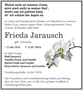 Traueranzeige von Frieda Jarausch von Mitteldeutsche Zeitung Mansfelder Land