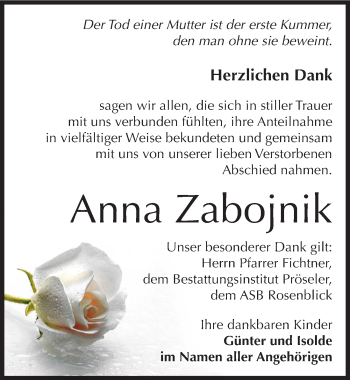Traueranzeige von Anna Zabojnik von Mitteldeutsche Zeitung Bernburg