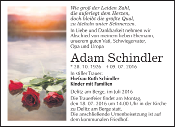 Traueranzeige von Adam Schindler von WVG - Wochenspiegel Merseburg