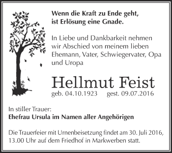Traueranzeige von Hellmut Feist von WVG - Wochenspiegel NMB / WSF / ZTZ