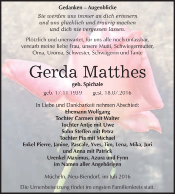 Traueranzeige von Gerda Matthes von WVG - Wochenspiegel Merseburg