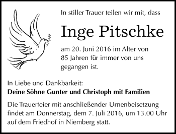 Traueranzeige von Inge Pitschke von Mitteldeutsche Zeitung Halle/Saalkreis
