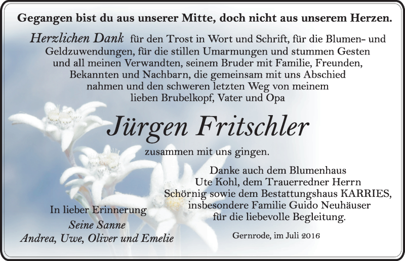  Traueranzeige für Jürgen Fritschler vom 16.07.2016 aus Mitteldeutsche Zeitung Quedlinburg