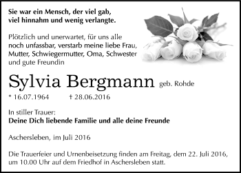 Traueranzeige von Sylvia Bergmann von Mitteldeutsche Zeitung Aschersleben