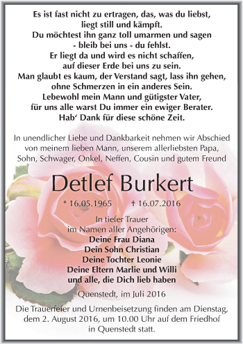 Traueranzeige von Detlef Burkert von Mitteldeutsche Zeitung Mansfelder Land
