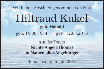 Traueranzeige von Hiltraud Kukel von WVG - Wochenspiegel Merseburg