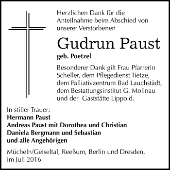 Traueranzeige von Gudrun Paust von WVG - Wochenspiegel Merseburg