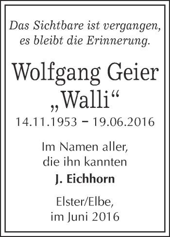 Traueranzeige von Wolfgang Geier von Super Sonntag Wittenberg