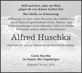 Traueranzeige von Alfred Huschka von WVG - Wochenspiegel Bitterfeld