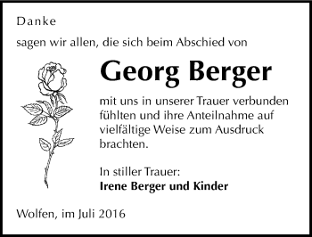 Traueranzeige von Georg Berger von Mitteldeutsche Zeitung Bitterfeld