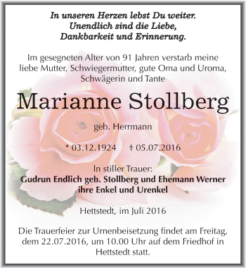Traueranzeige von Marianne Stollberg von Mitteldeutsche Zeitung Mansfelder Land