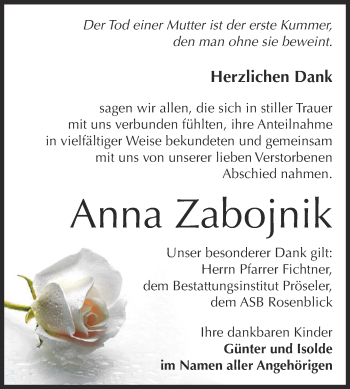 Traueranzeige von Anna Zabojnik von Super Sonntag Bernburg