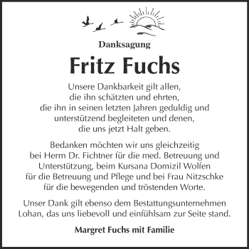 Traueranzeige von Fritz Fuchs von WVG - Wochenspiegel Bitterfeld