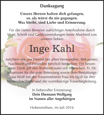 Traueranzeige von Inge Kahl von WVG - Wochenspiegel NMB / WSF / ZTZ