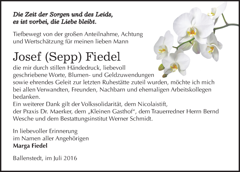  Traueranzeige für Josef Fiedel vom 30.07.2016 aus Mitteldeutsche Zeitung Quedlinburg