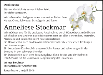 Traueranzeige von Anneliese Stockmar von Super Sonntag SGH Mansf. Land