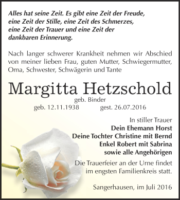 Traueranzeige von Margitta Hetzschold von Super Sonntag SGH Mansf. Land