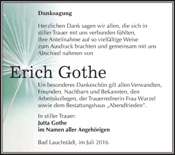 Traueranzeige von Erich Gothe von WVG - Wochenspiegel Merseburg