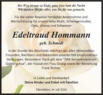 Traueranzeige von Edeltraud Hommann von Mitteldeutsche Zeitung Sangerhausen