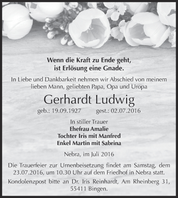 Traueranzeige von Gerhardt Ludwig von WVG - Wochenspiegel NMB / WSF / ZTZ