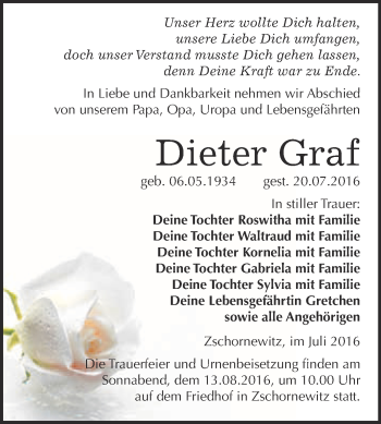 Traueranzeige von Dieter Graf von WVG - Wochenspiegel Wittenberg