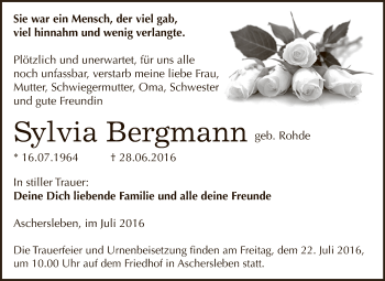 Traueranzeige von Sylvia Bergmann von Super Sonntag Aschersleben