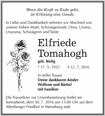 Traueranzeige von Elfriede Tomahogh von WVG - Wochenspiegel Merseburg