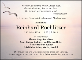 Traueranzeige von Reinhard Rochlitzer von WVG - Wochenspiegel Dessau / Köthen