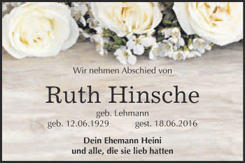 Traueranzeige von Ruth Hinsche von WVG - Wochenspiegel Bitterfeld