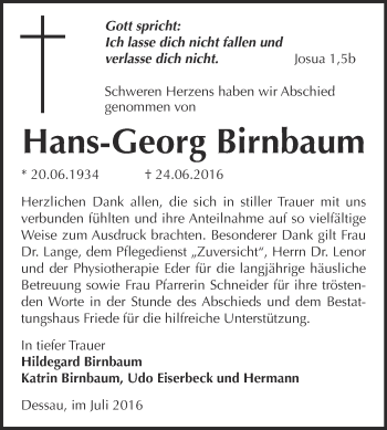 Traueranzeige von Hans-Georg Birnbaum von WVG - Wochenspiegel Dessau / Köthen